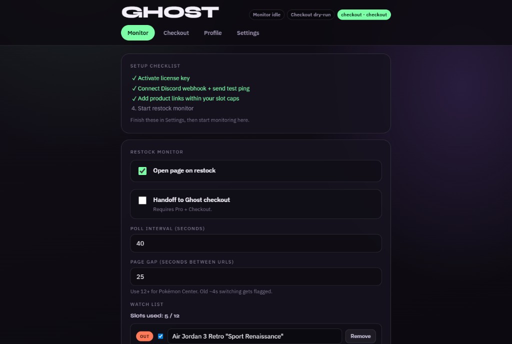 Ghost Monitor setup checklist and toggles