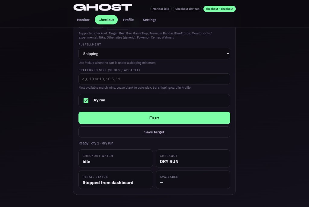 Ghost Checkout dry run toggle and Run button