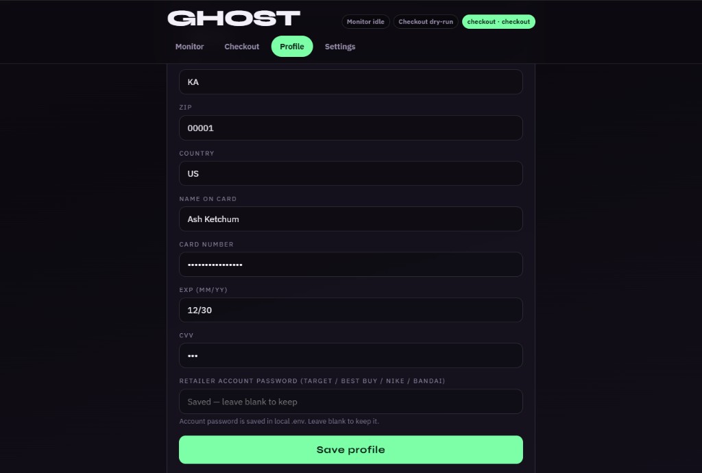 Ghost Profile payment and retailer password