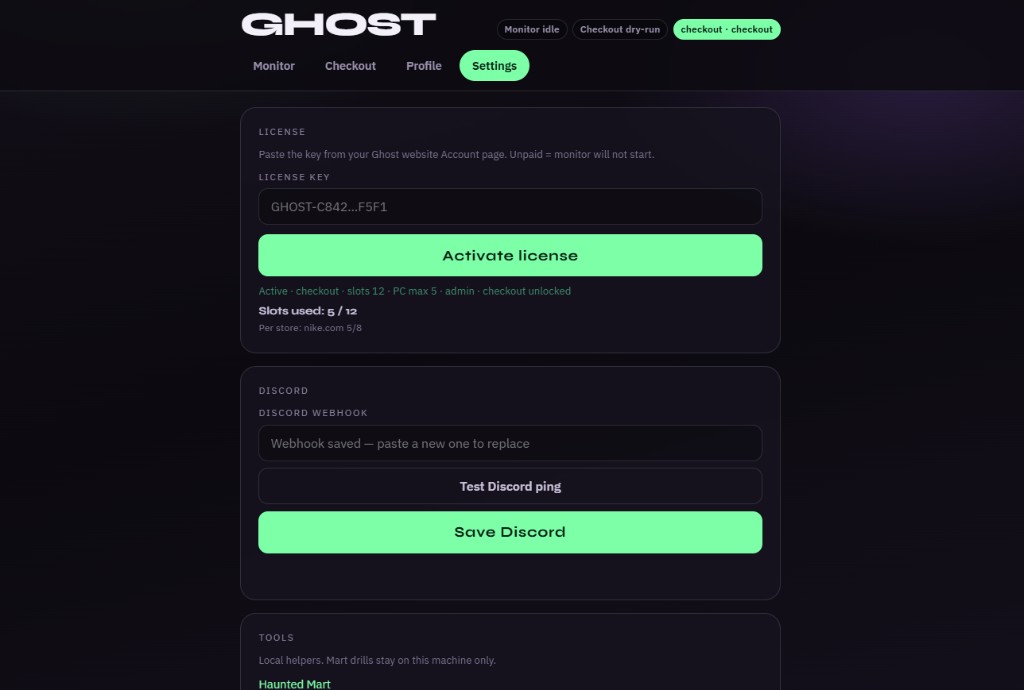 Ghost Settings tab showing license and Discord